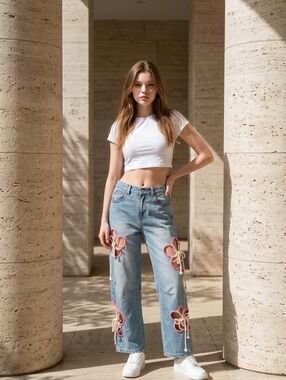 Oli & Hali Light Blue Denim Boyfriend Jeans with Pink Floral Cutouts
